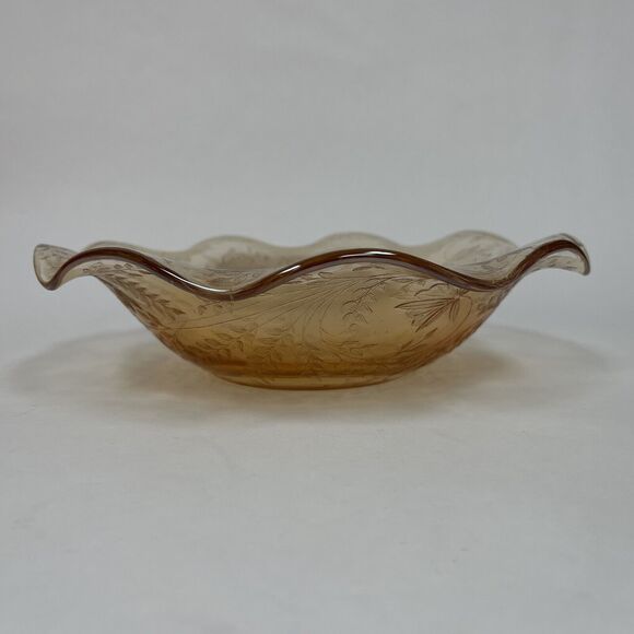 Jeannette Glass Fluted Bowl Marigold Ruffled Edge Floral 9 5/8" across - Picture 3 of 6